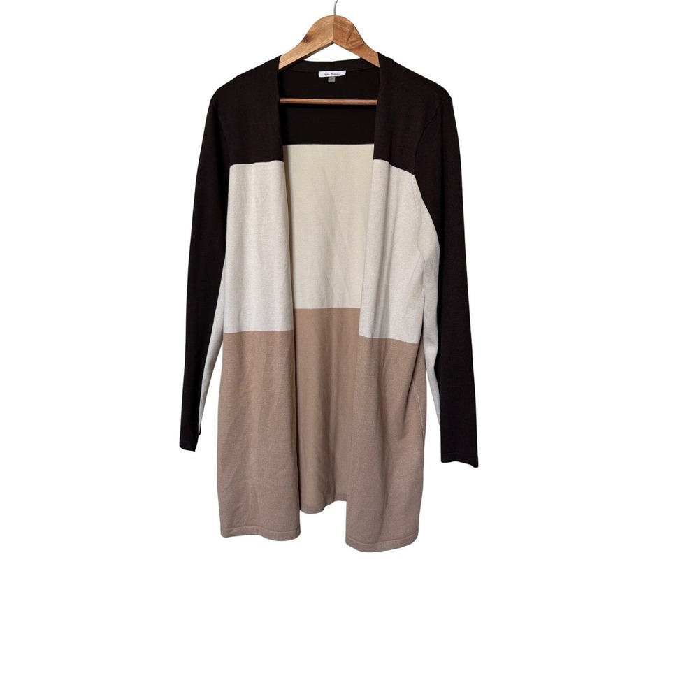 Vila Milano Cardigan Women XL Brown Cream Colorblock Open Front Longline‎ Knit